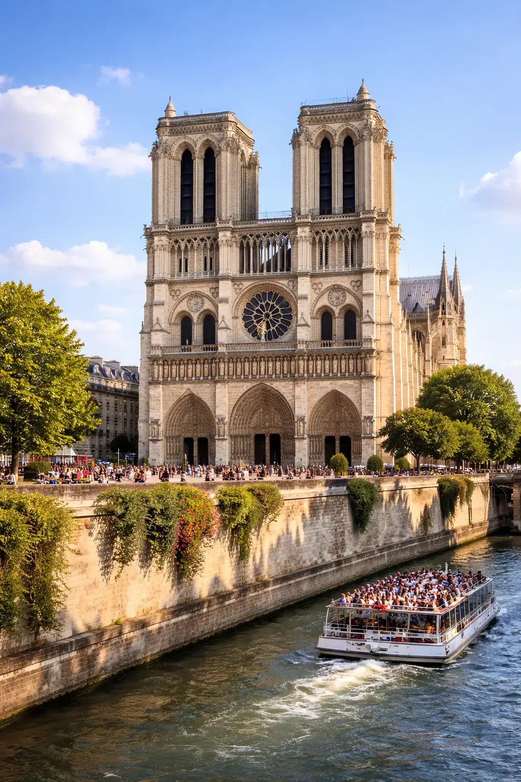 Stone Gothic cathedral beside a river with a rose window, pointed arches, and a sightseeing boat