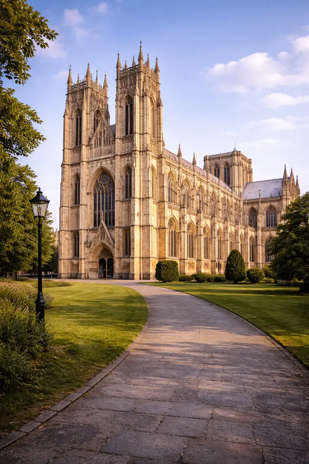 Side view of a Gothic cathedral with tall buttresses, lancet windows, and a curved garden path