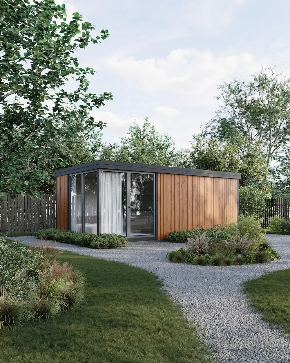 Small prefab home with wood cladding and floor-to-ceiling glazing in a landscaped garden