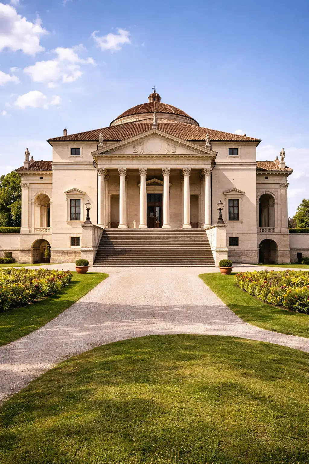 Temple-front Renaissance villa with a tall portico, central steps, and a symmetrical facade