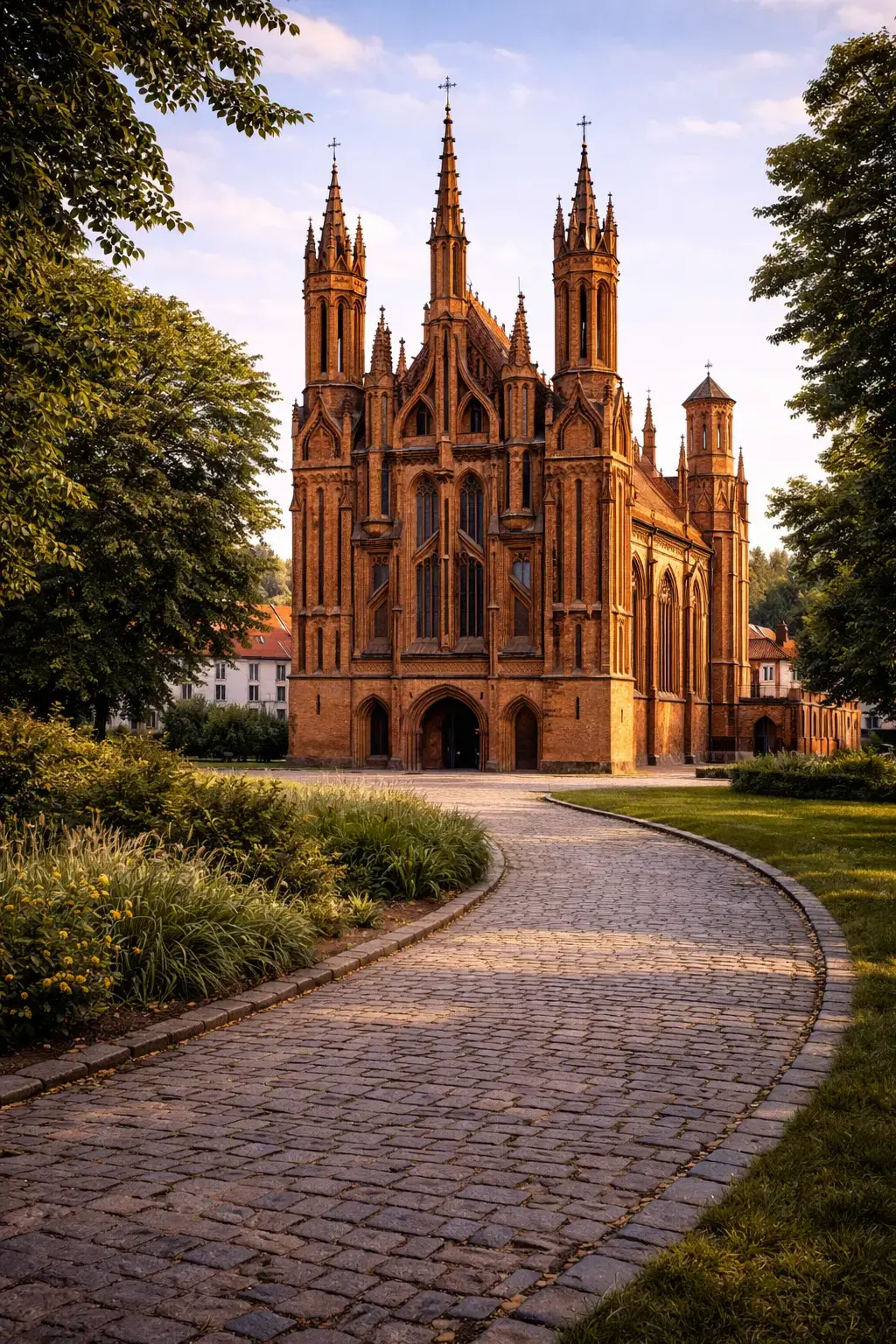 Red brick Gothic church with three spires, pointed arches, and a curved path through formal planting