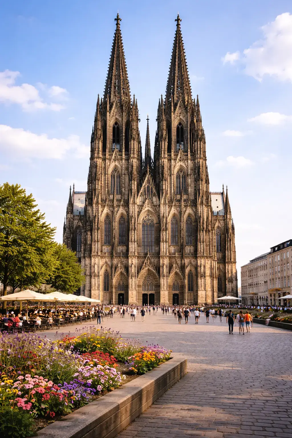Dark stone Gothic cathedral with twin spires, pointed arches, and colorful flowers in the plaza.
