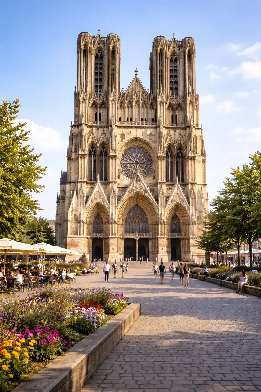 Frontal view of a Gothic cathedral with twin towers, a rose window, and flower beds in the square