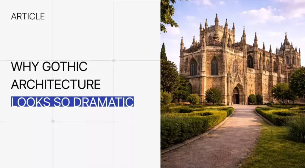Gothic architecture hero image showing a dramatic cathedral exterior with pointed arches and pinnacles