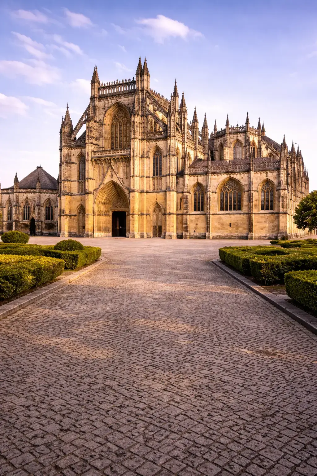 Wide-angle view of a Gothic cathedral with buttresses, pinnacles, and a symmetrical forecourt