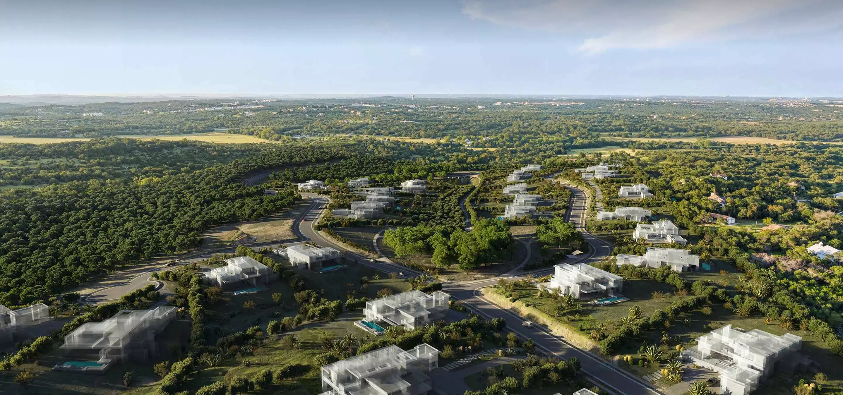 Aerial rendering of a hillside residential development with winding roads, homes, and dense surrounding trees