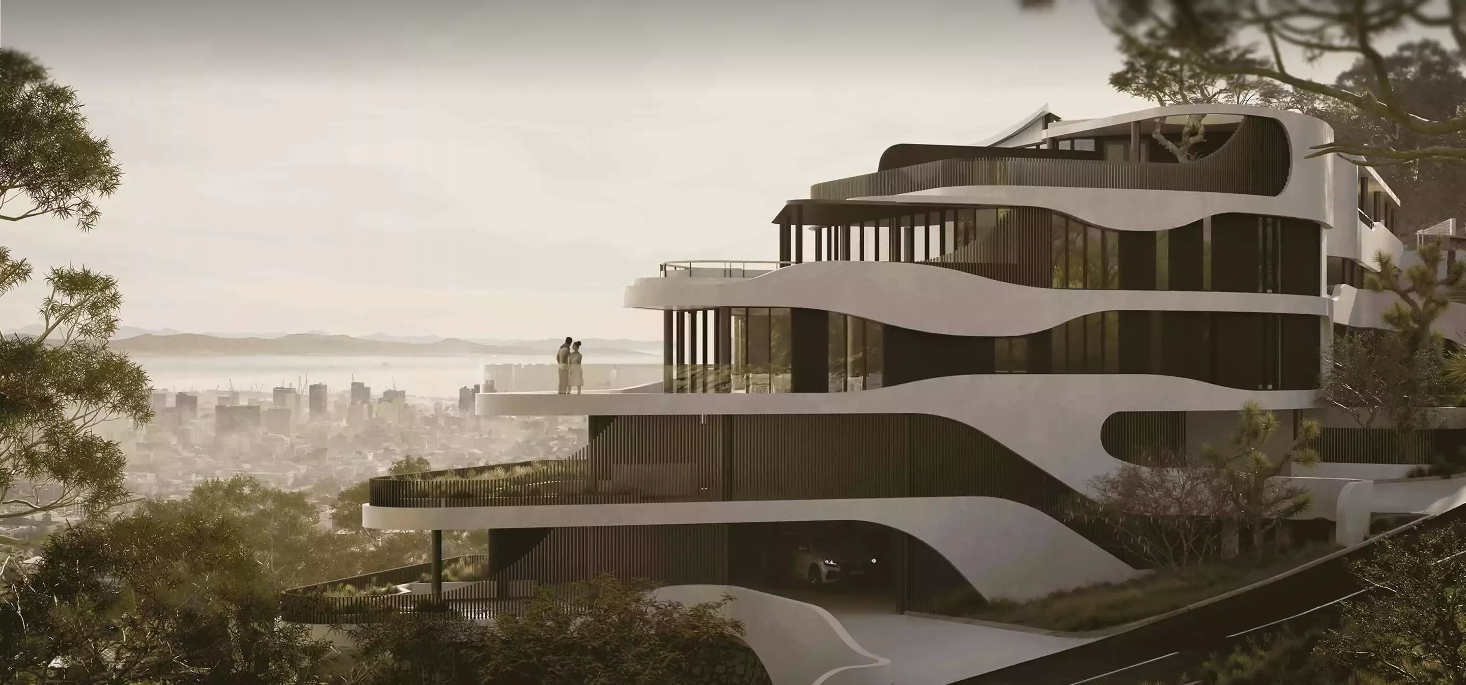 Modern hillside house with curved architecture overlooking city skyline, AI architectural rendering