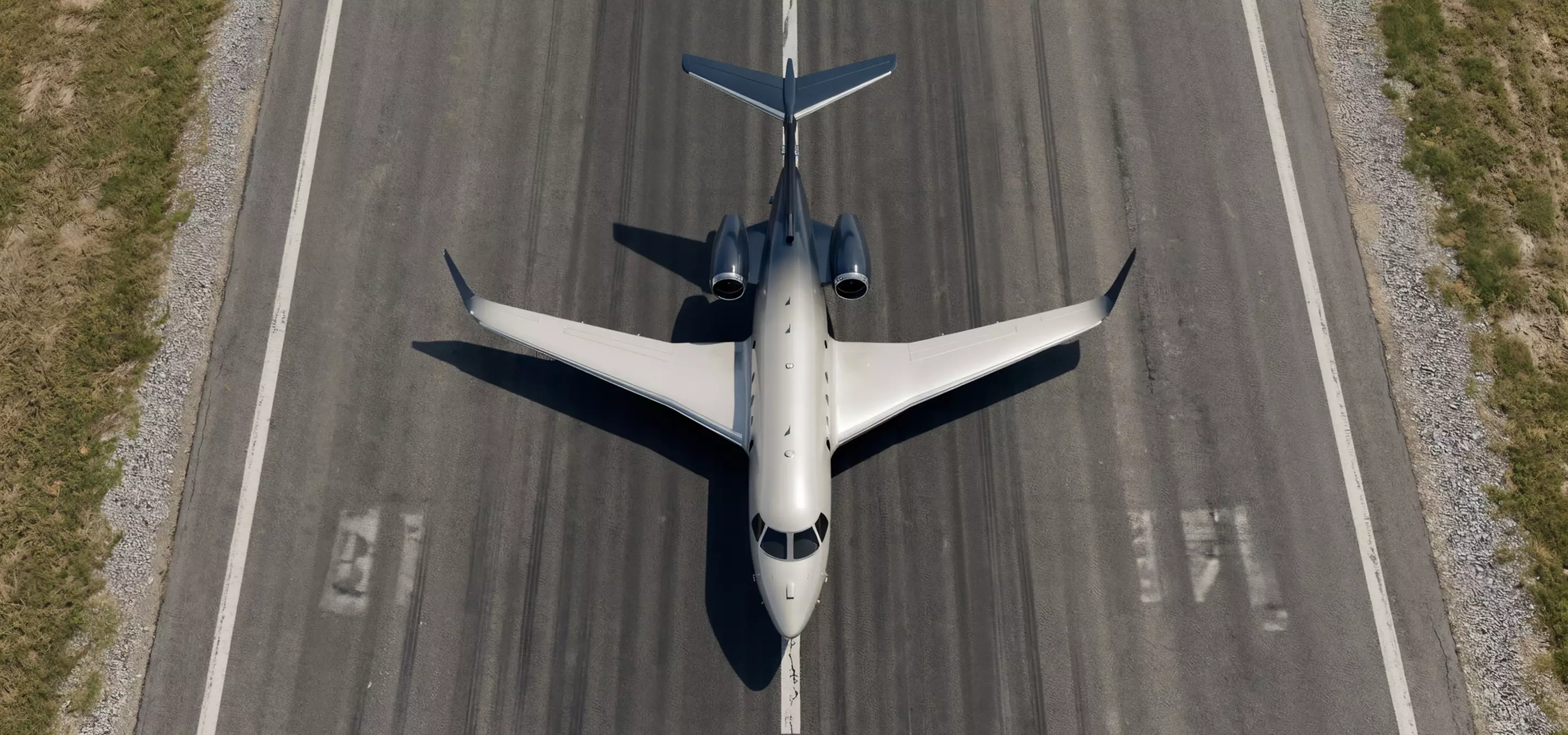 Aircraft design shown from above with private jet centered on runway and swept wings visible