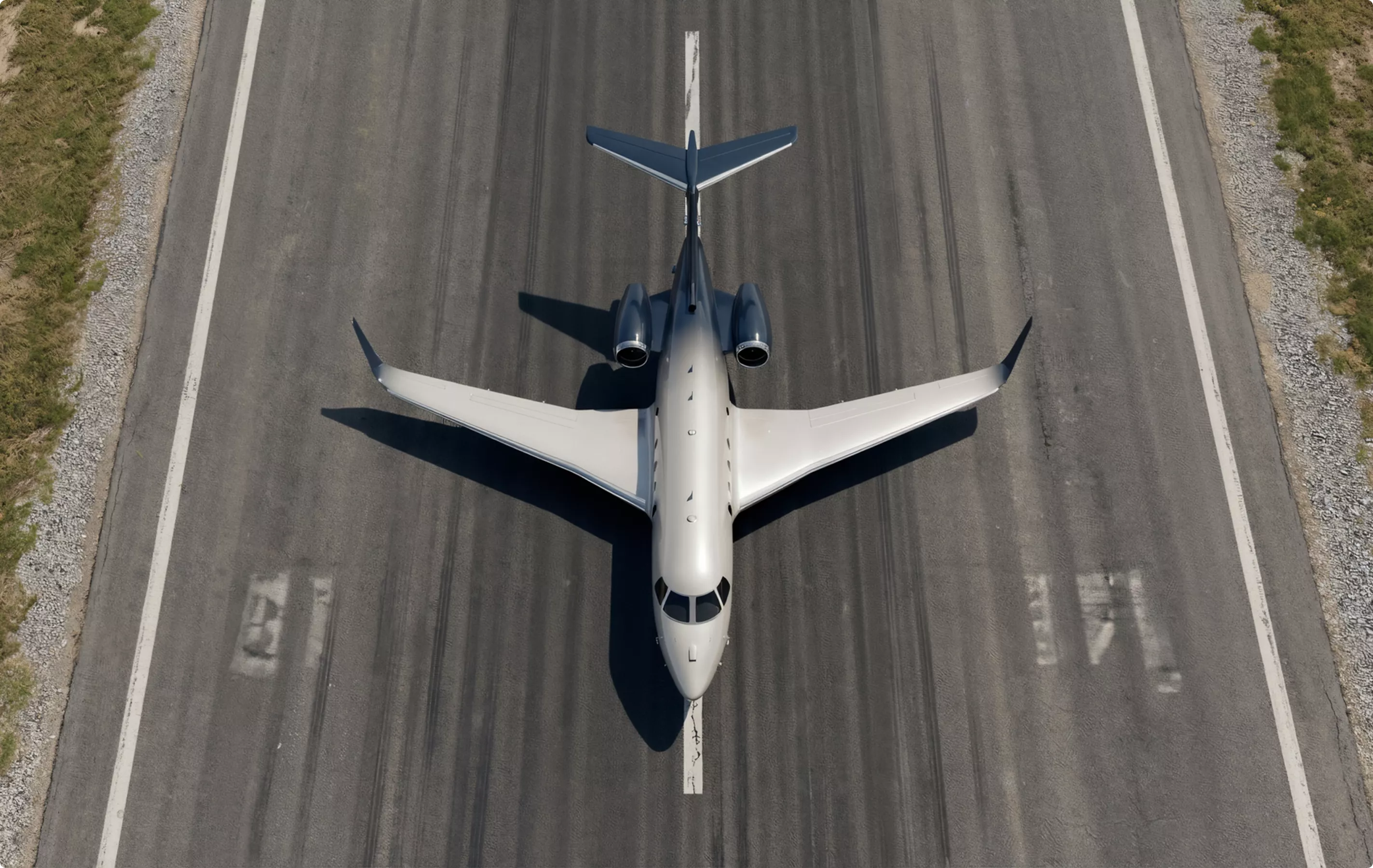 Top view of private jet on runway for aircraft rendering portfolio