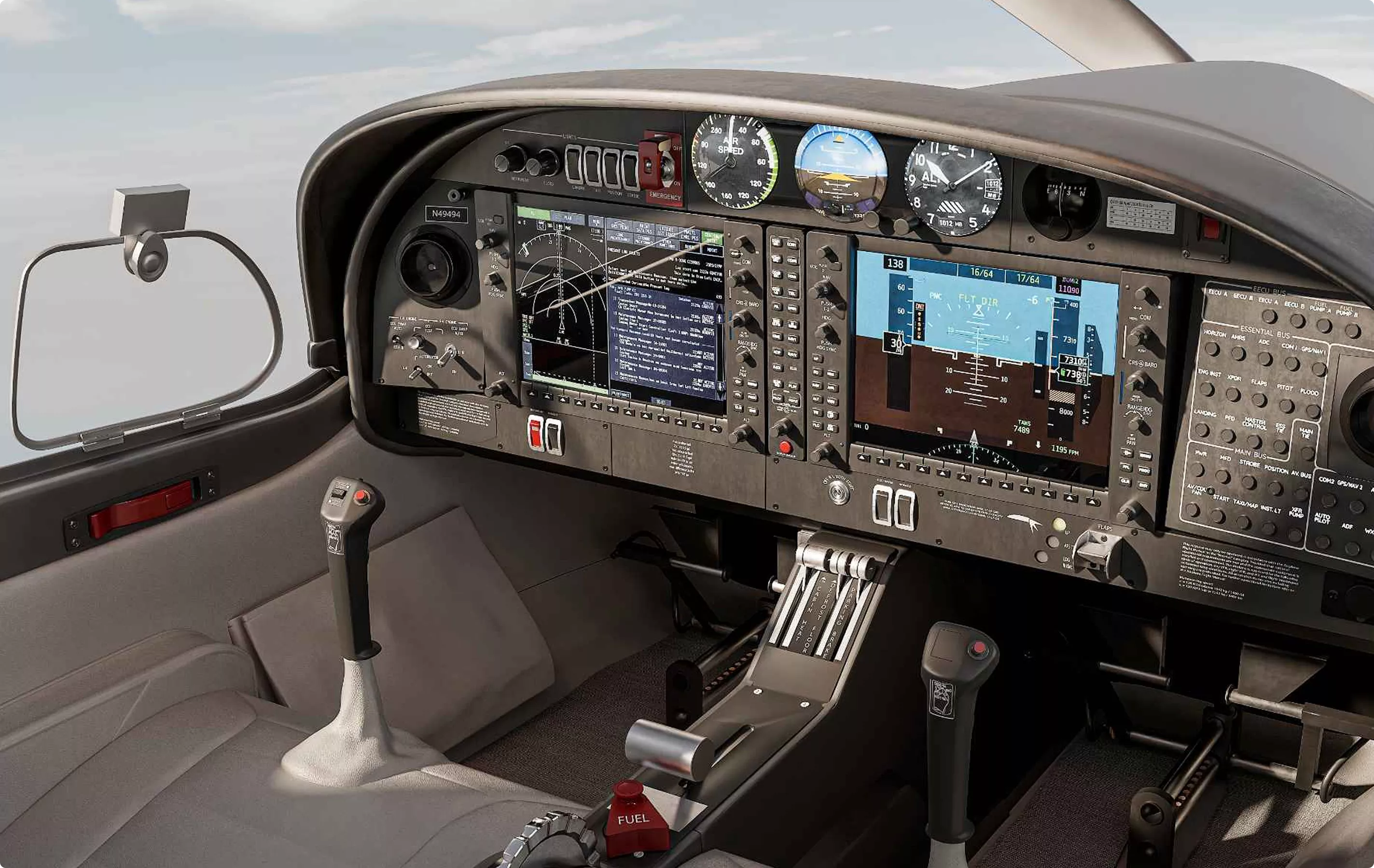 Private jet cockpit controls and instrument panel for aircraft rendering portfolio