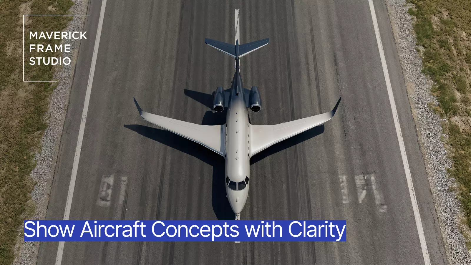 Aircraft design promo with private jet on runway from above and clarity text overlay