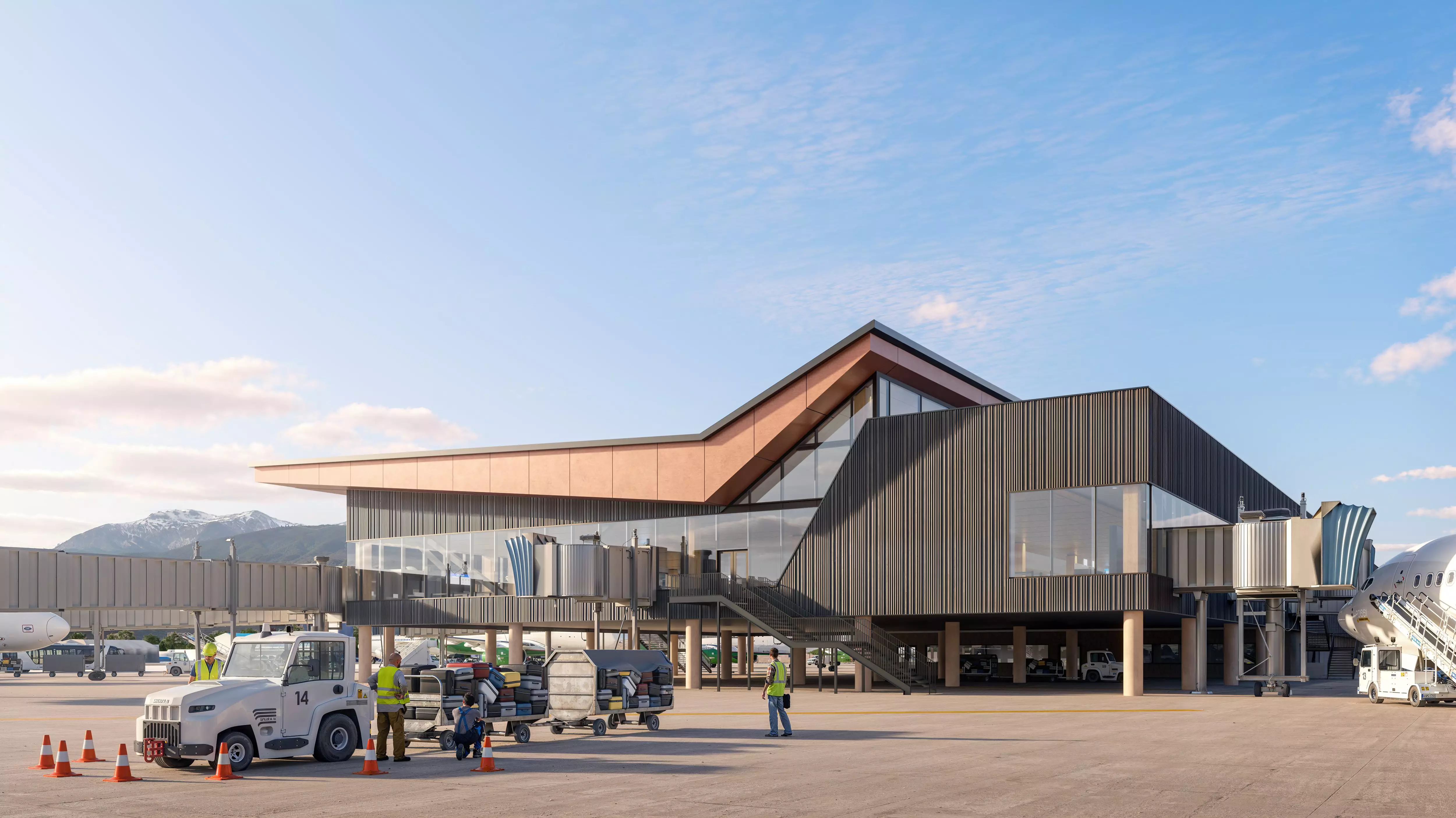 Airport terminal exterior, 3D rendering company USA, planes, vehicles and modern structure