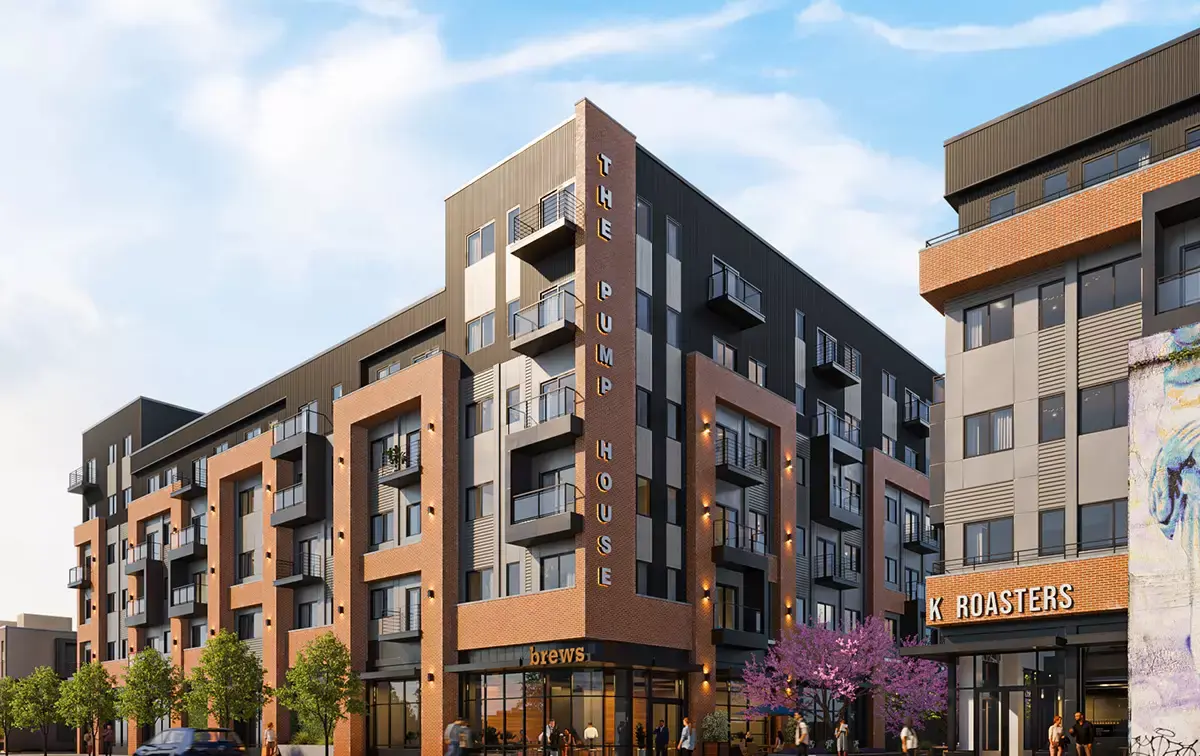 Apartment building with balconies, 3D rendering company USA, street shops and people
