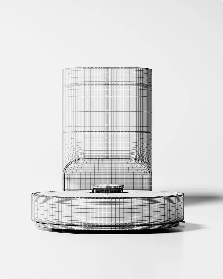 3D product model wireframe in apartment interior style with cylindrical object and base platform