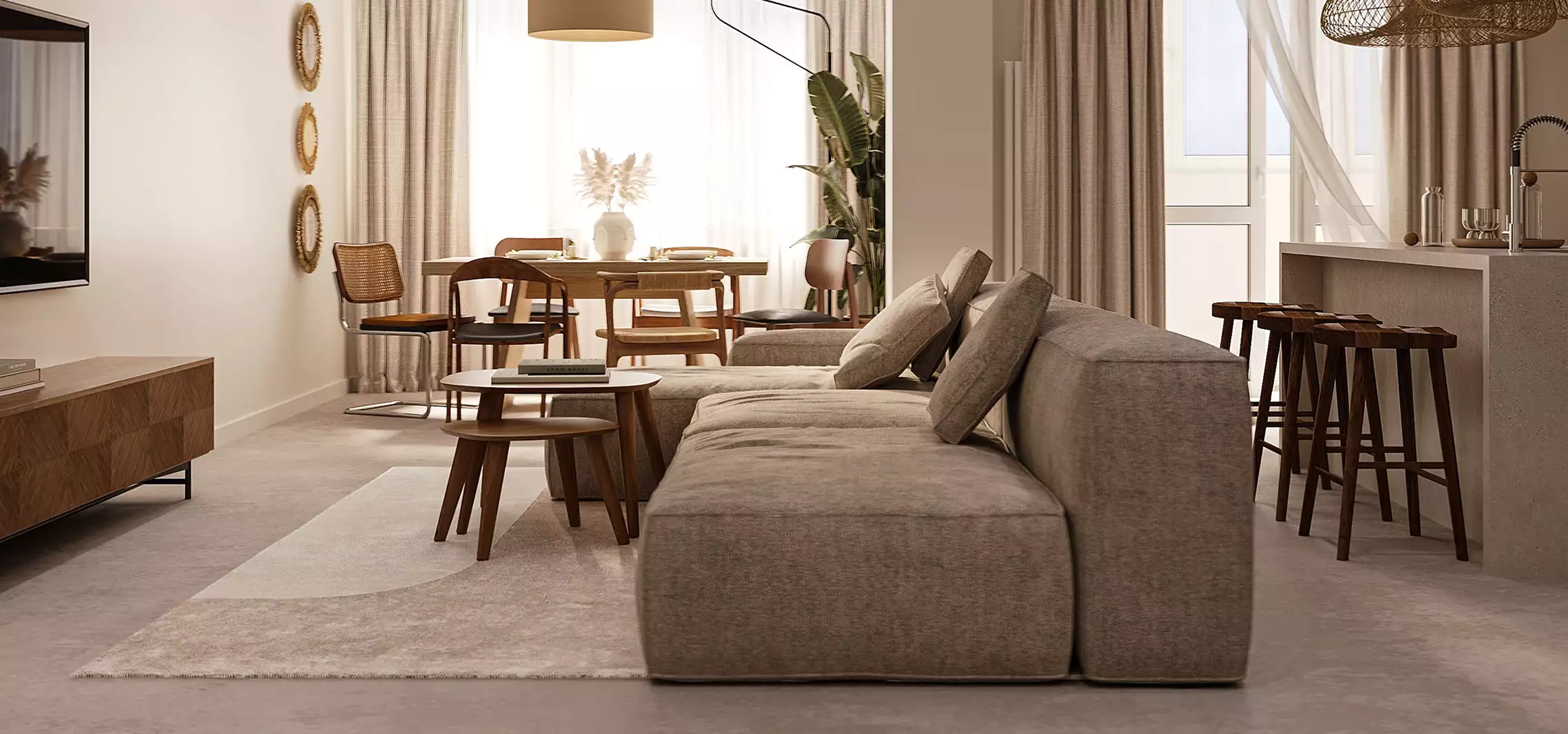 Open plan living and dining area with neutral tones, apartment interior design