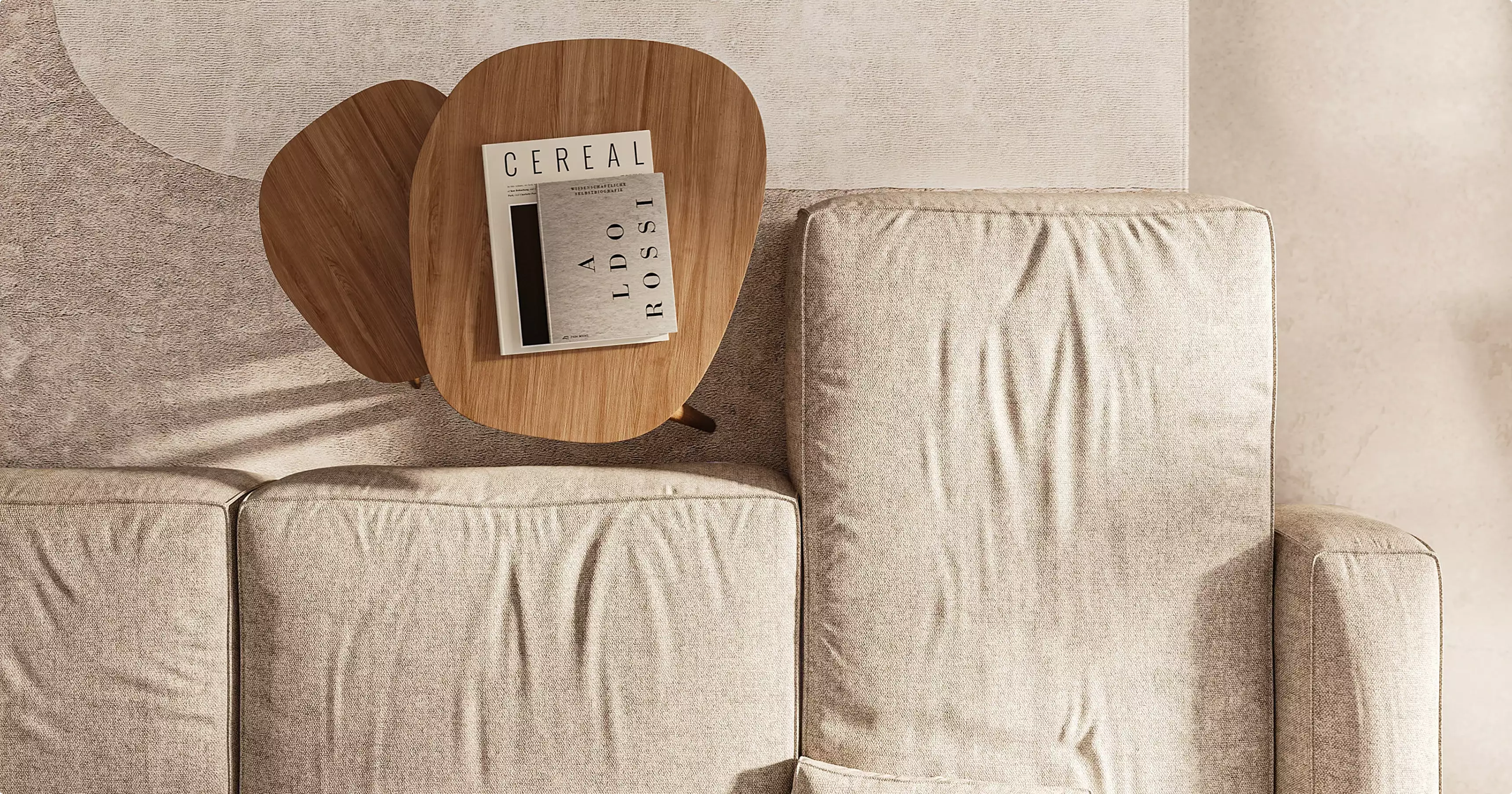 Beige sofa in apartment interior with small wooden tables and books on top