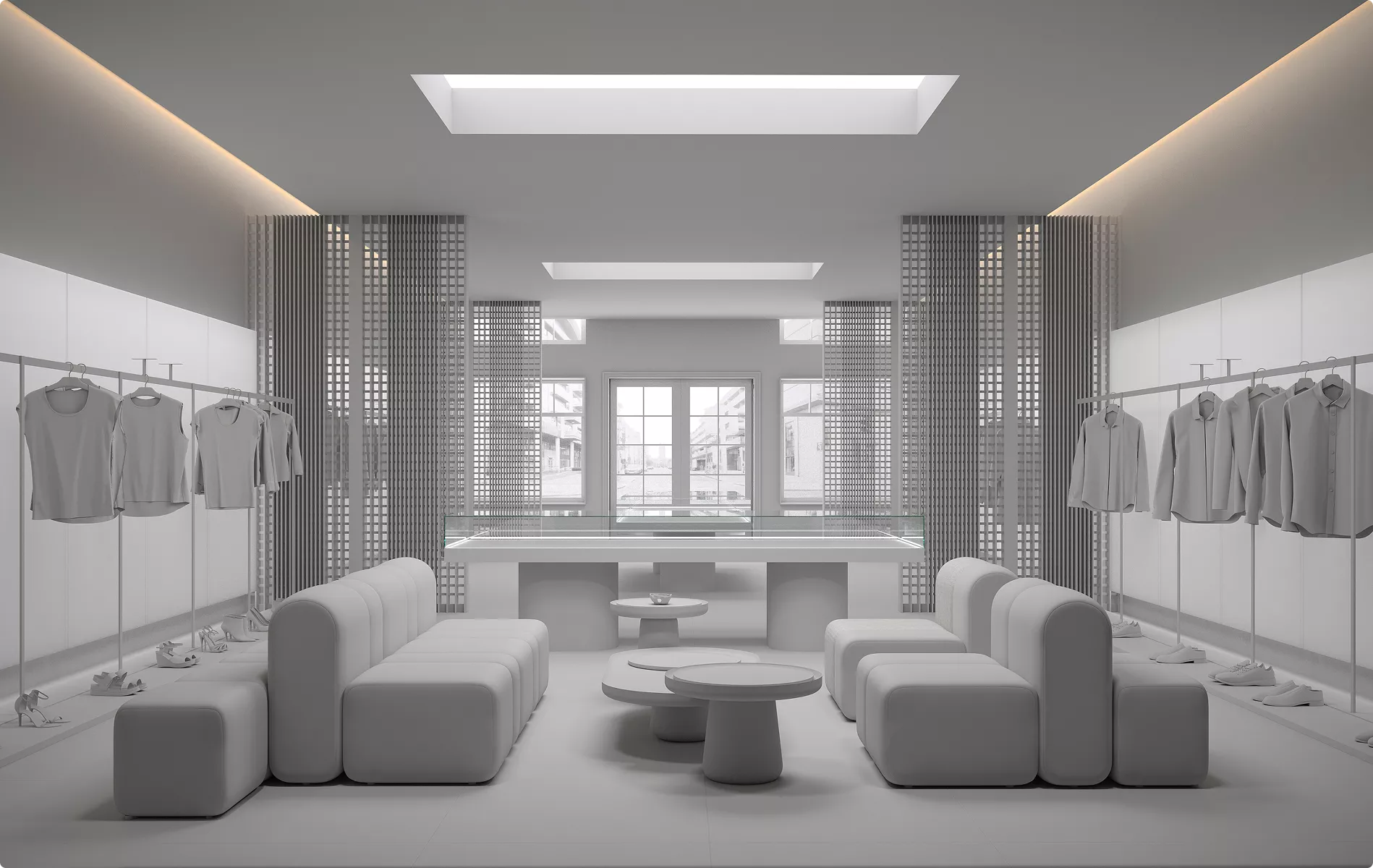 Architectural 3D Modeling Services for a minimalist fashion boutique with sofas and clothing racks