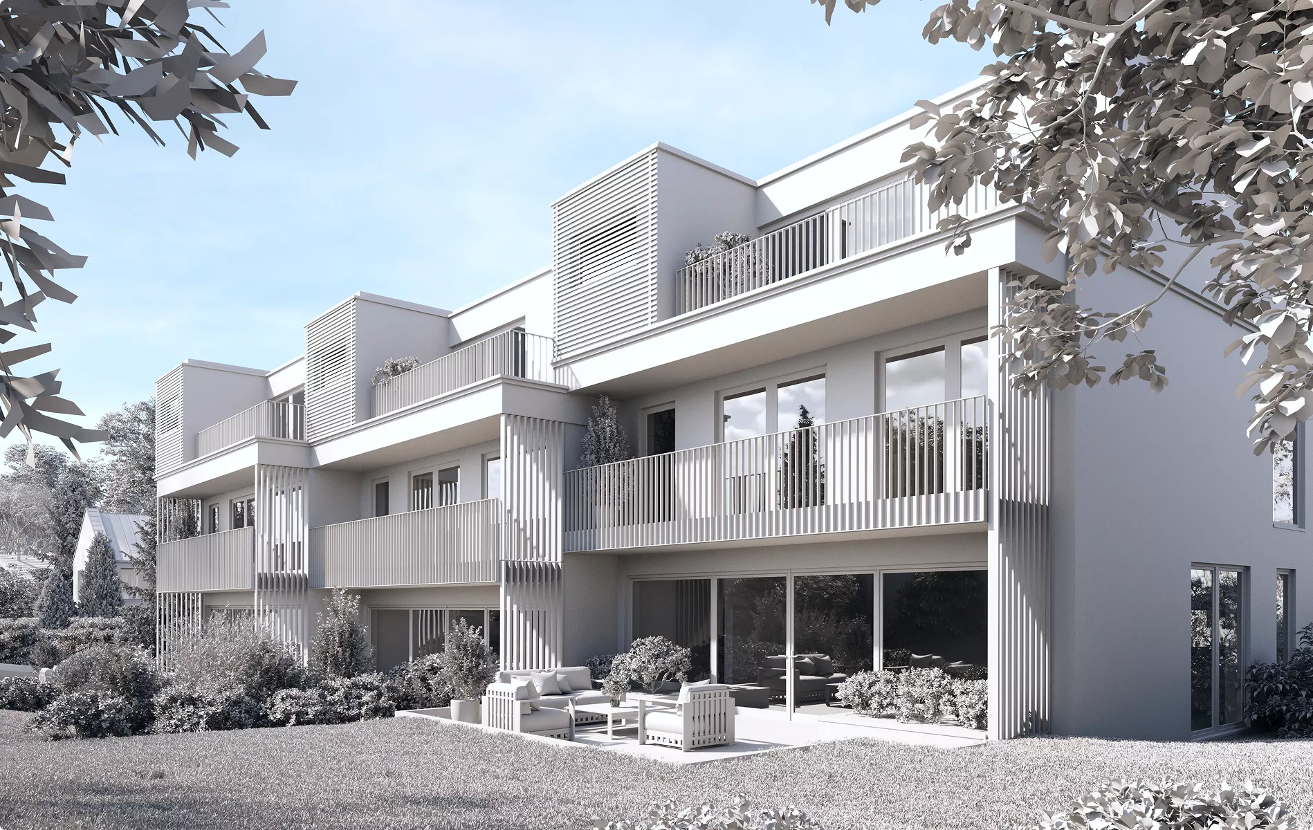 Architectural 3D Modeling Services for modern apartments with balconies, patios, and garden lawn