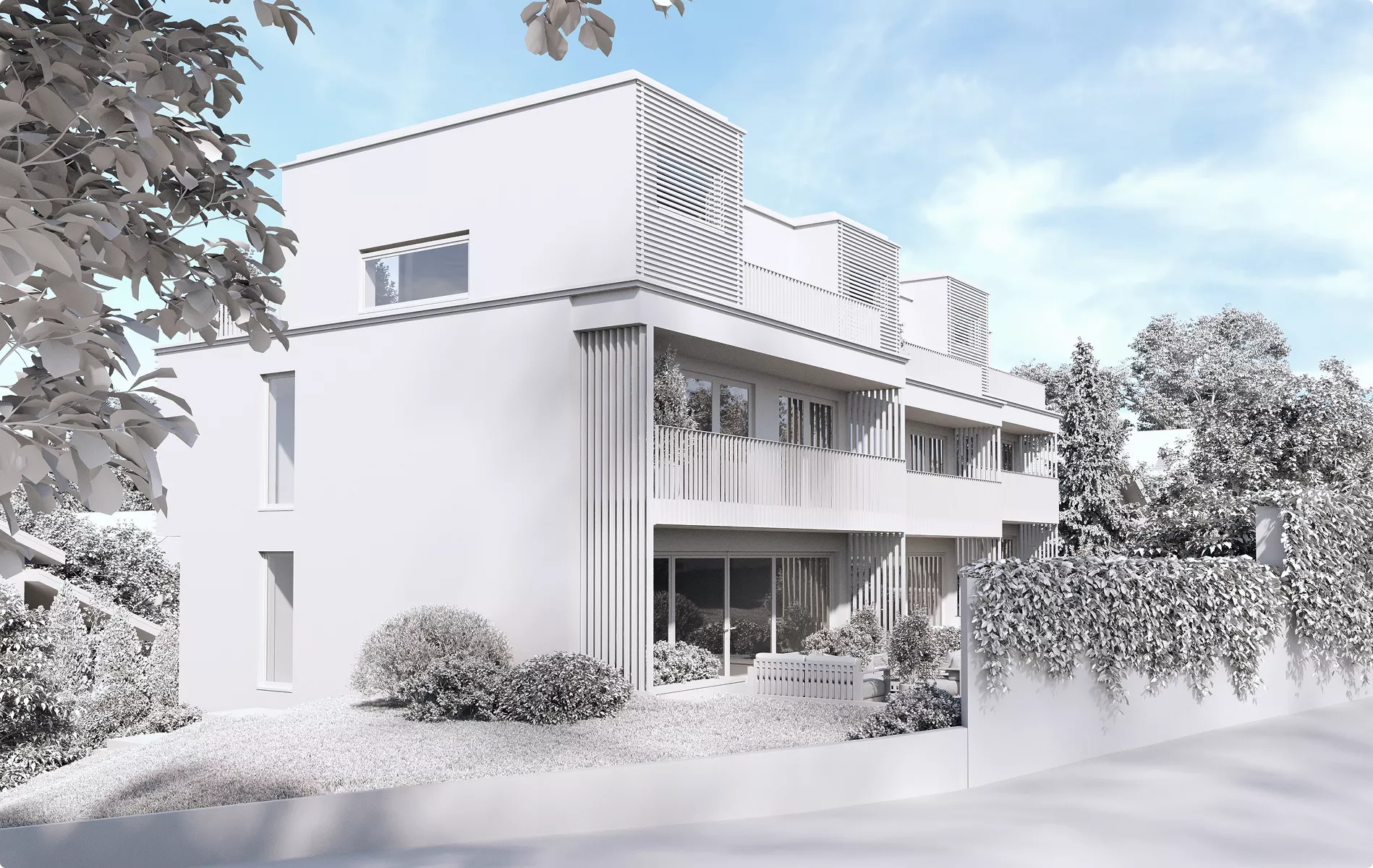 Architectural 3D Modeling Services for white townhomes with balconies, shrubs, and street view