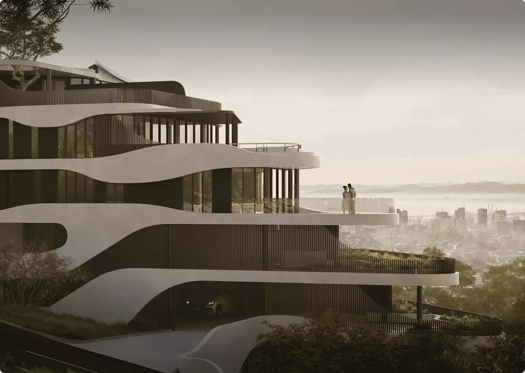 Curved modern multi level house with terraces overlooking city skyline, architectural rendering