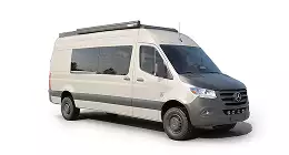 Automotive CGI rendering service camper van exterior on white background, front three-quarter view