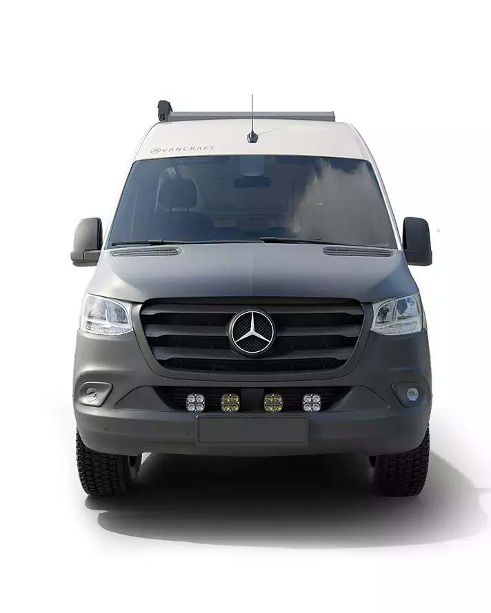 Automotive CGI rendering service front view of a camper van on white background