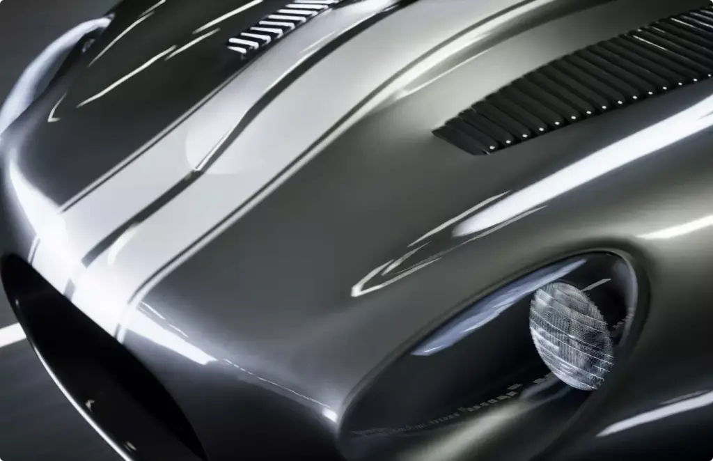 Automotive CGI rendering service close-up of a dark sports car hood and headlight under studio lights