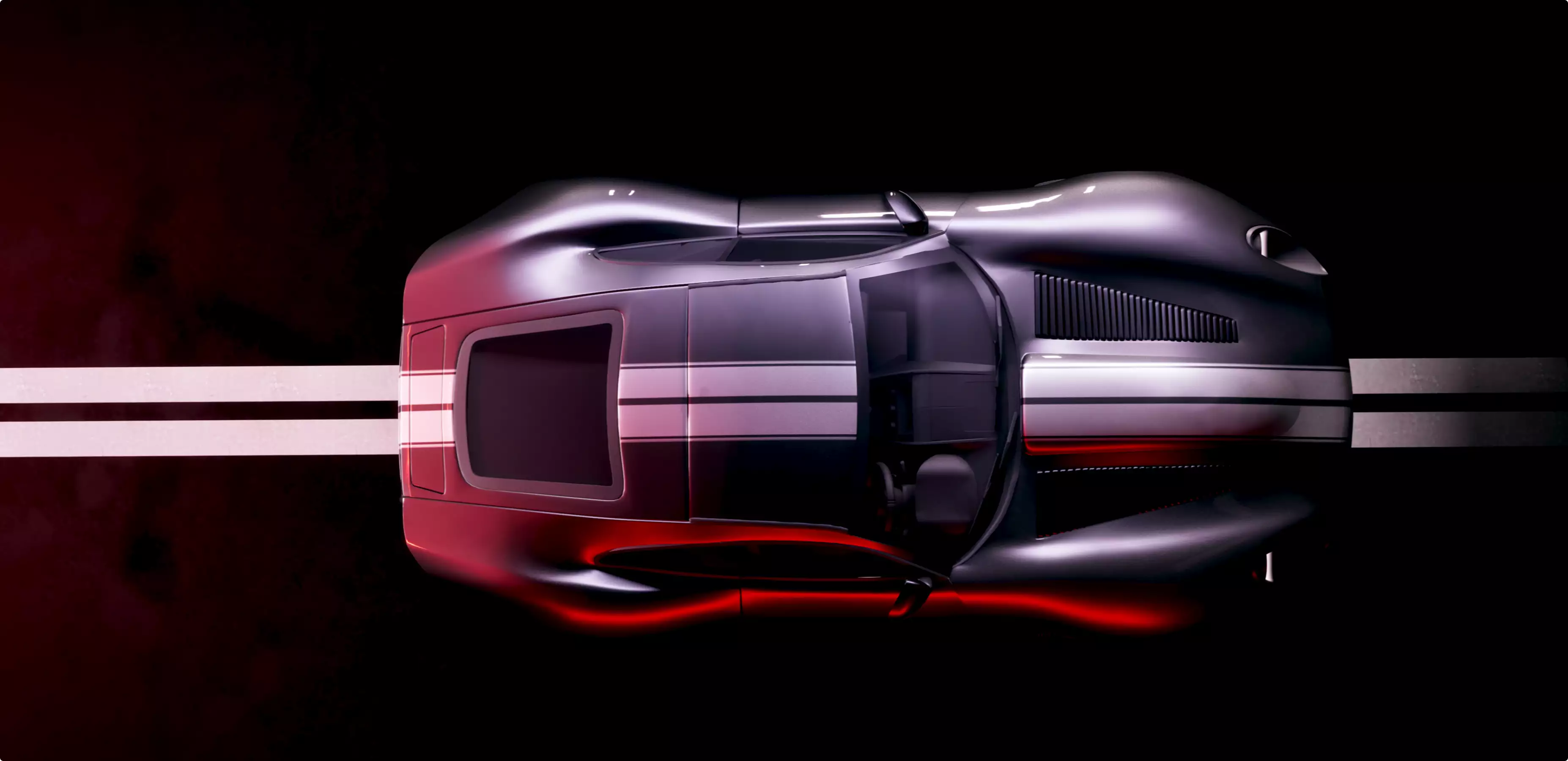 Automotive CGI rendering service top view of a dark sports car with white stripes and red glow