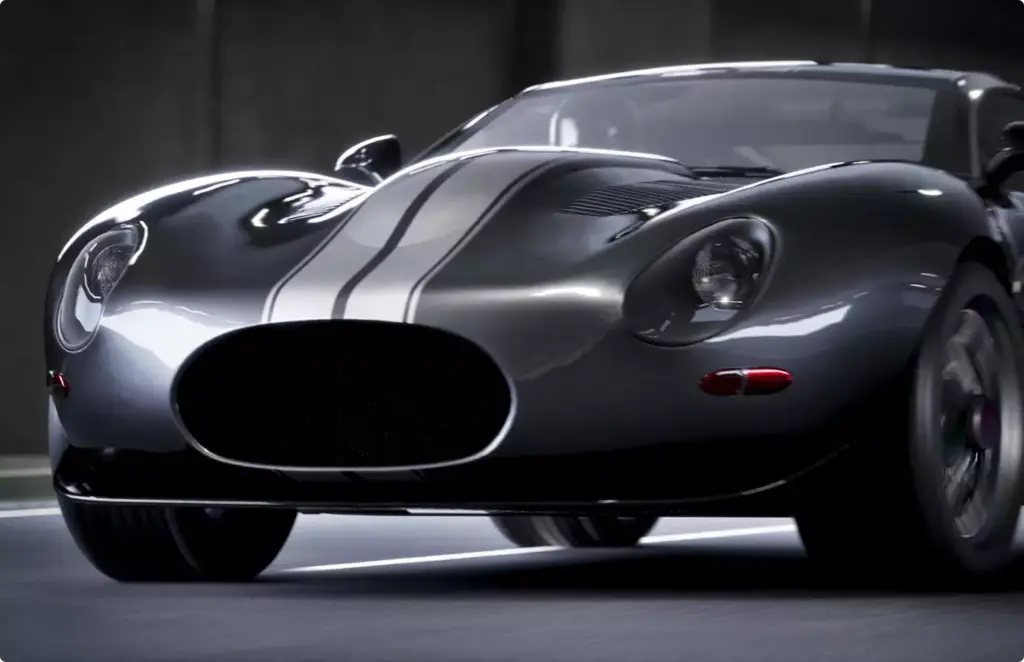 Automotive CGI rendering service dark sports car front view driving through a lit tunnel