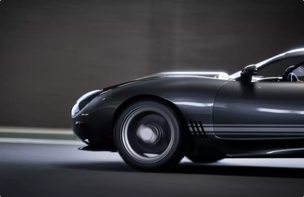 Automotive CGI rendering service side view of a dark sports car in motion inside a tunnel