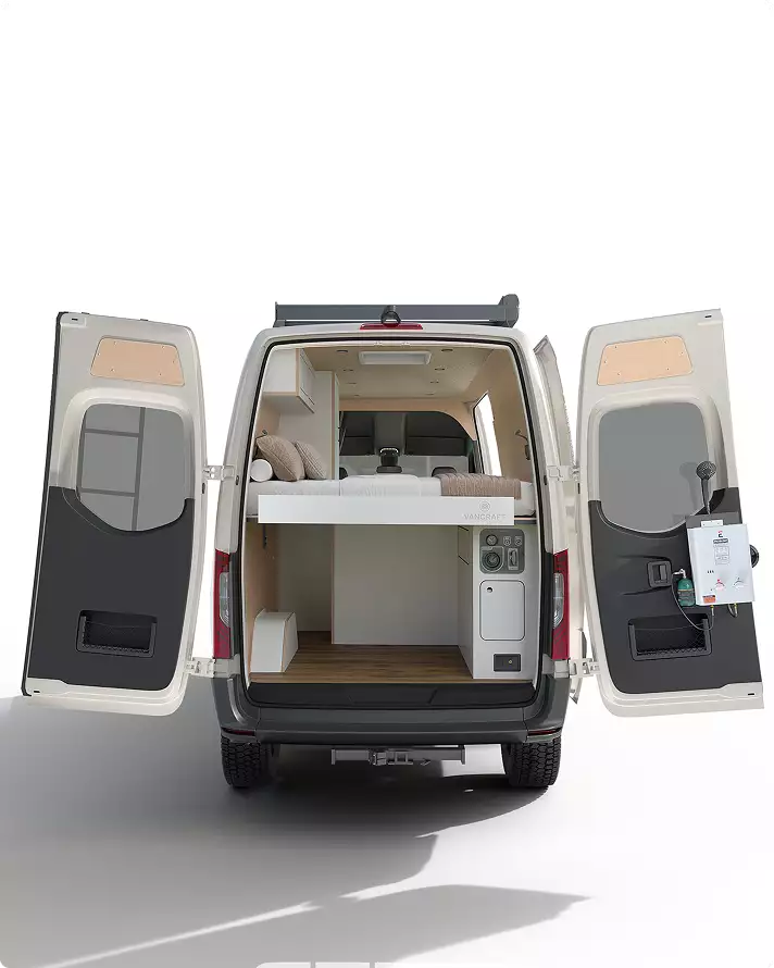 Automotive marketing rendering service camper van rear view with both doors open on white background