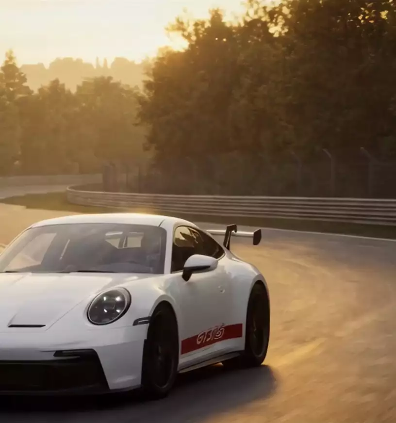 Automotive marketing rendering service white race coupe on a curved track at sunset