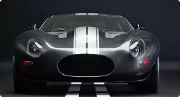Automotive marketing rendering service front view of a dark sports car with white center stripes