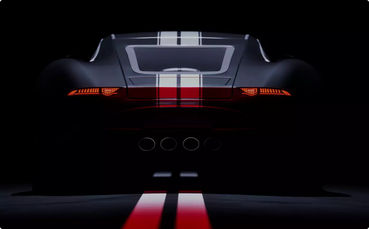 Automotive marketing rendering service rear view of a dark sports car with taillights on