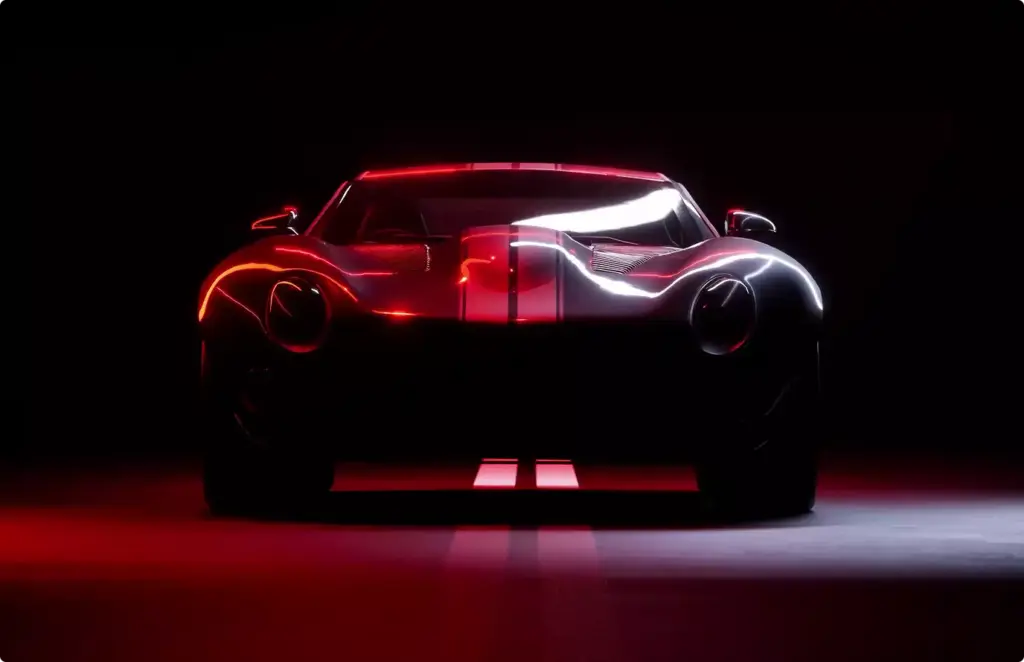 Automotive marketing rendering service dark sports car front view under red studio lighting