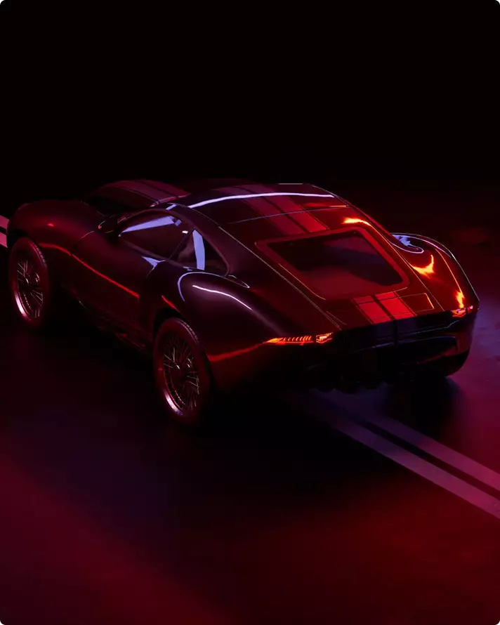 Automotive marketing rendering service rear three-quarter view of a dark sports car under red light
