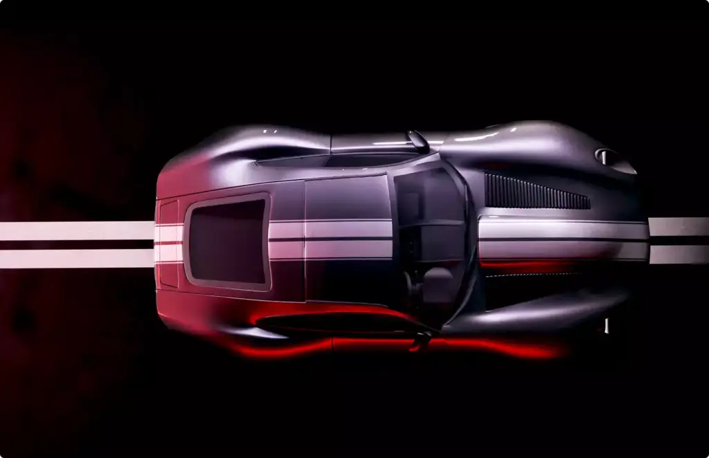 Automotive marketing rendering service top view of a dark sports car with white stripes and red glow