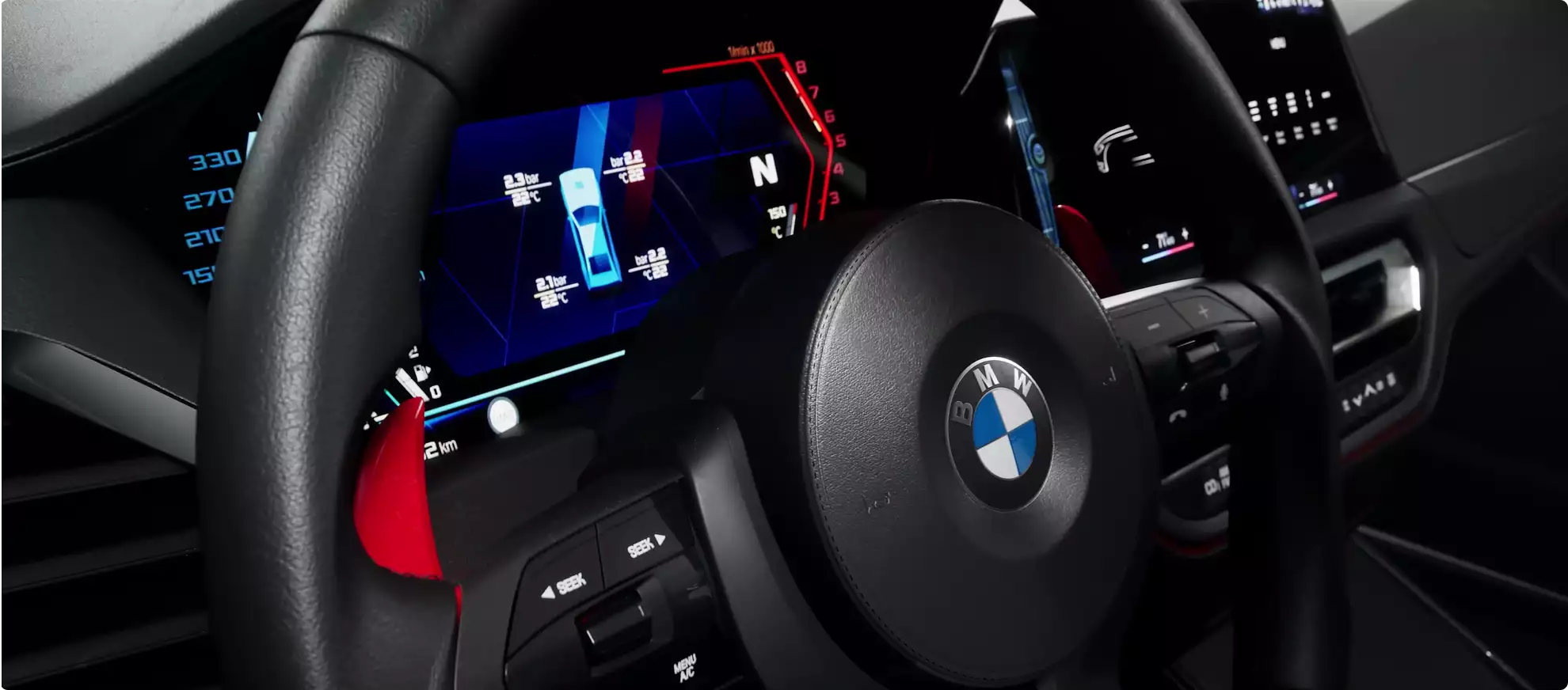 Automotive photorealistic CGI service BMW cockpit close-up with steering wheel and digital display