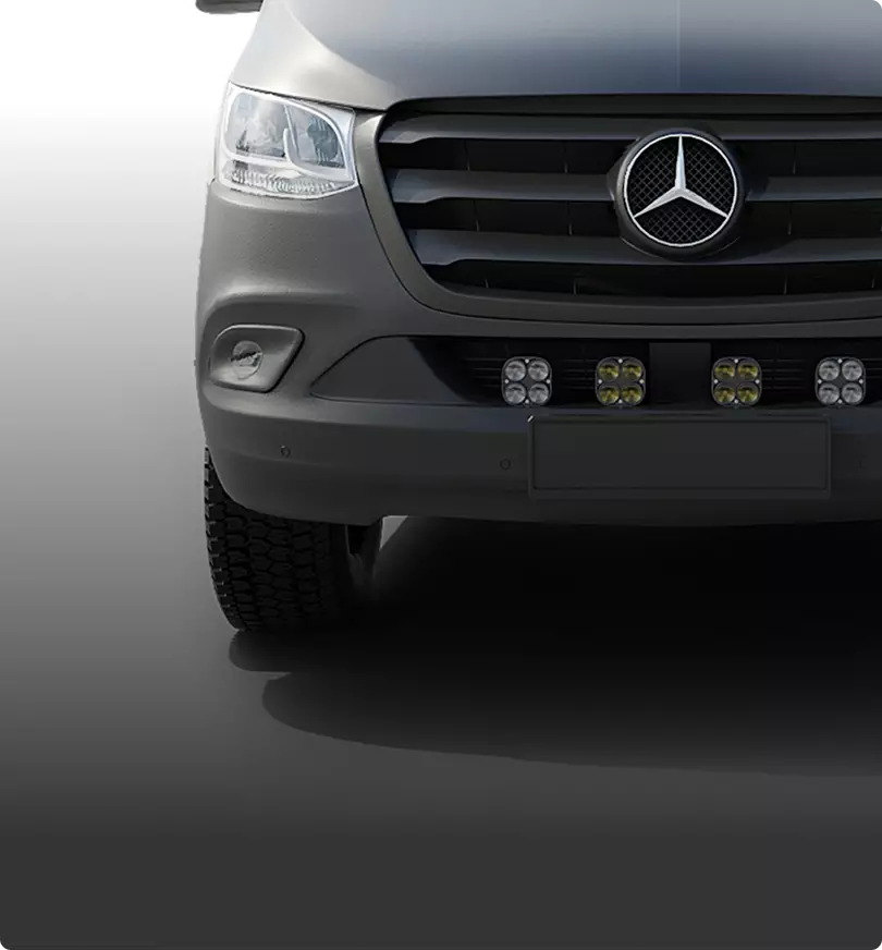 Automotive photorealistic CGI service camper van front grille close-up on white background