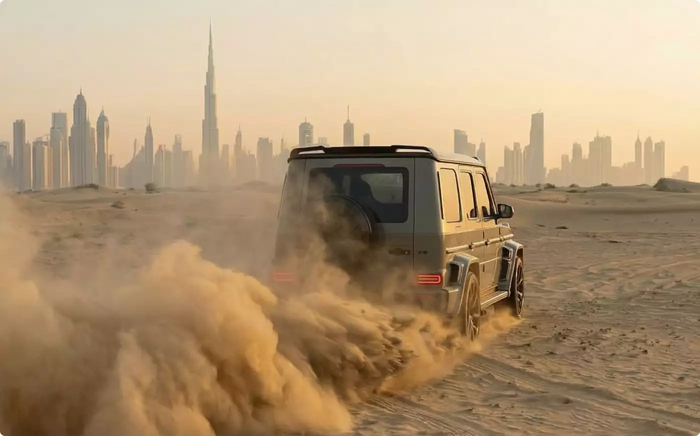 Automotive photorealistic CGI service SUV driving through desert sand with dust and city skyline