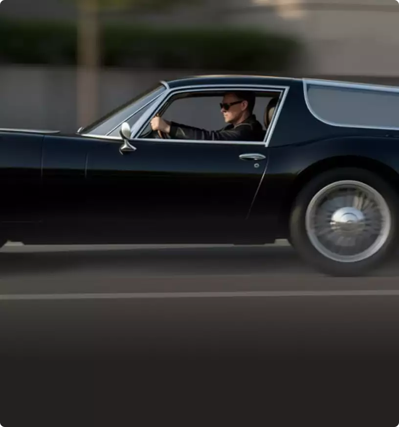 Automotive photorealistic CGI service black vintage coupe in motion, side view with driver