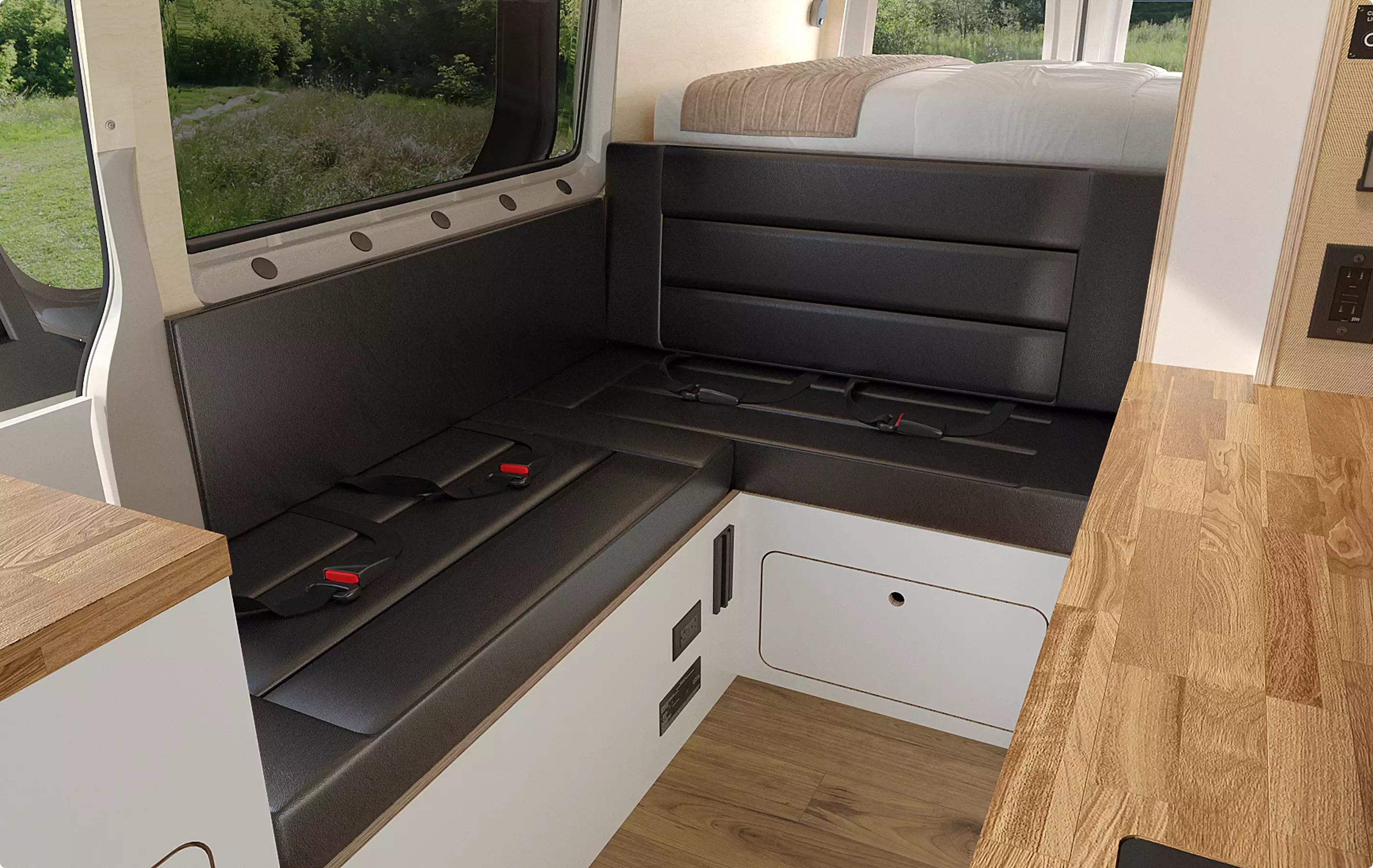 Camper van interior with bench seating and wood flooring, Automotive Rendering Service