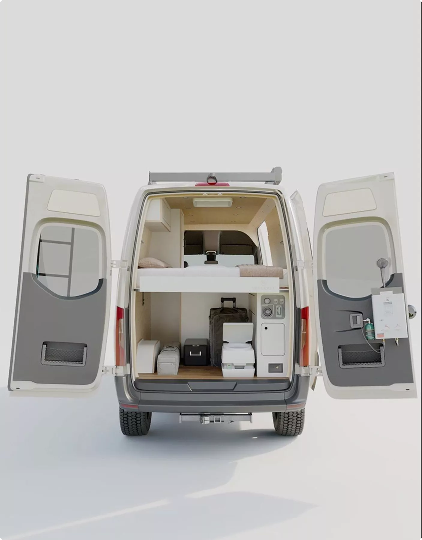 Camper van rear interior with bed and storage compartments, Automotive Rendering Service