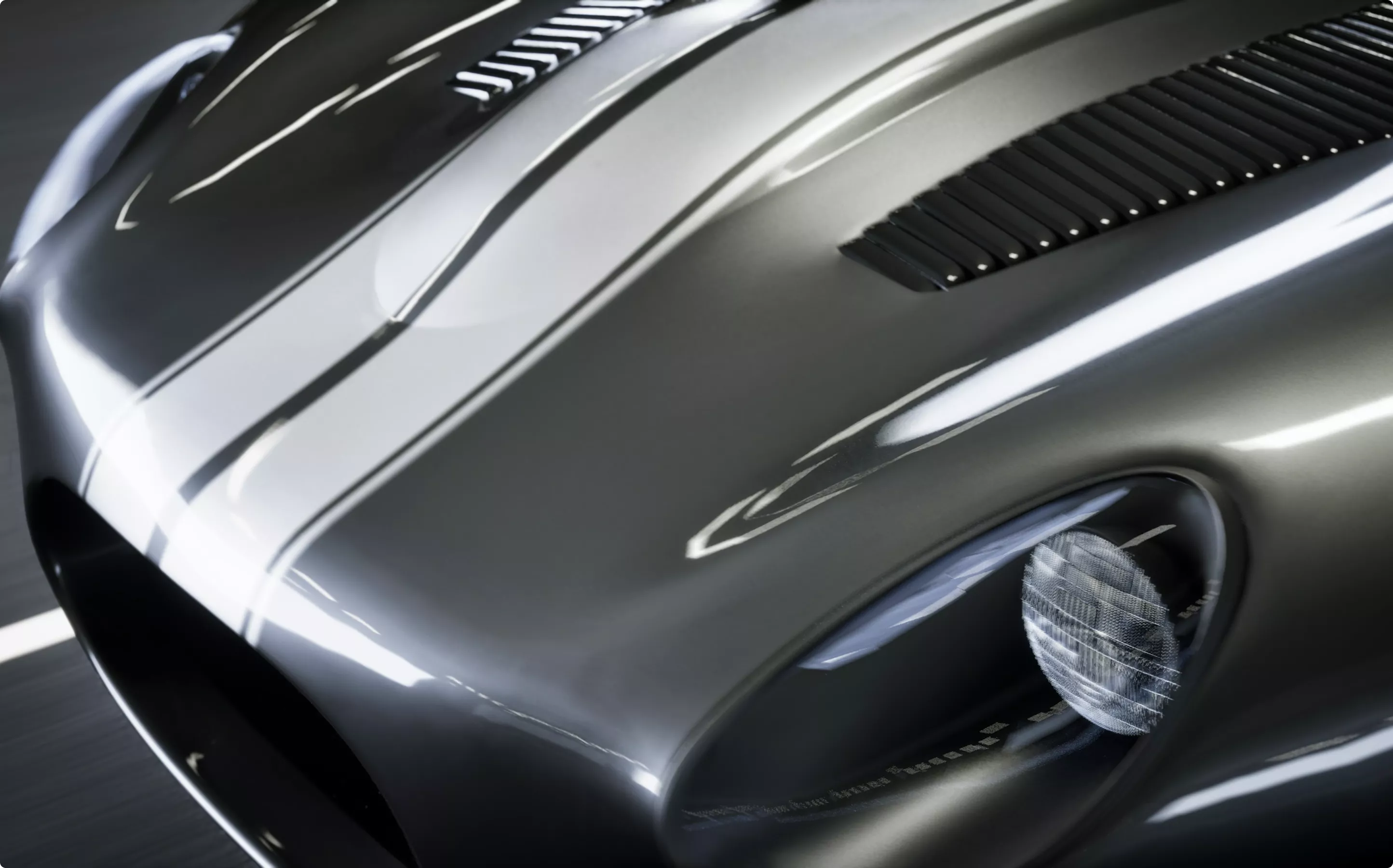Sports car hood and headlight close-up with racing stripes, Automotive Rendering Service