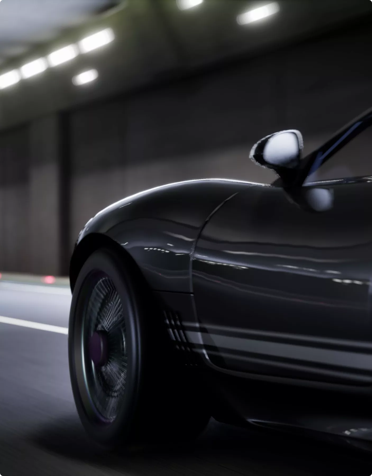 Black sports car side view driving through tunnel, Automotive Rendering Service