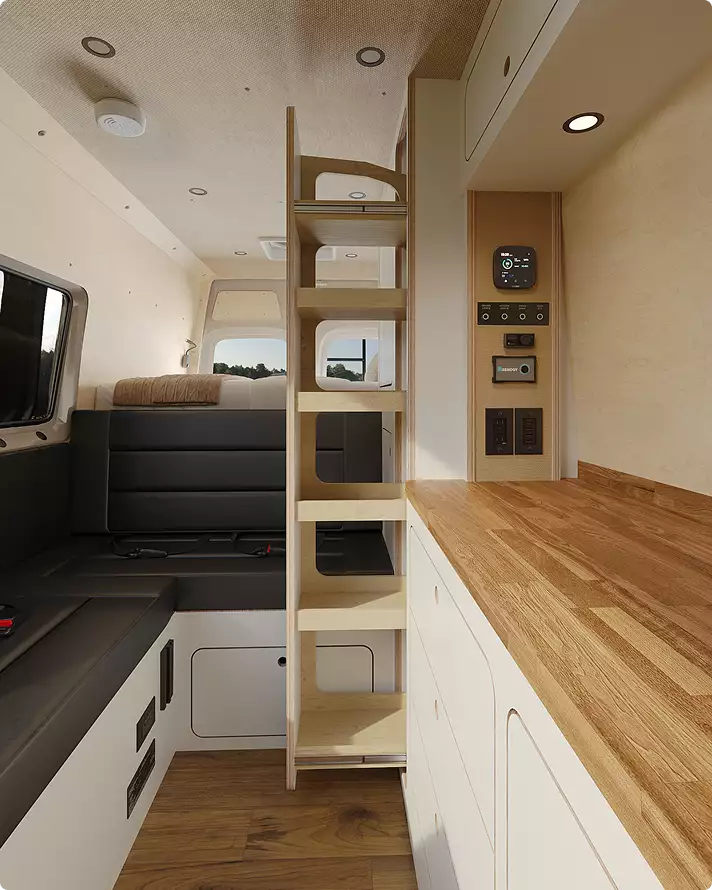 Automotive Rendering services camper van interior with ladder, bench seat, wood counters, and raised rear bed