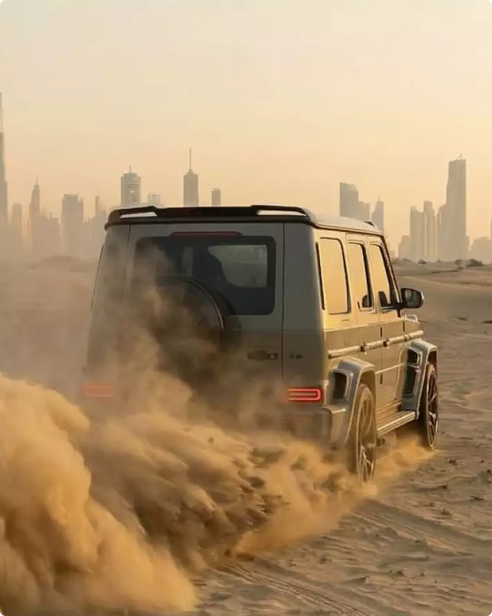 Automotive Rendering services SUV driving through desert sand with dust trail and distant city skyline