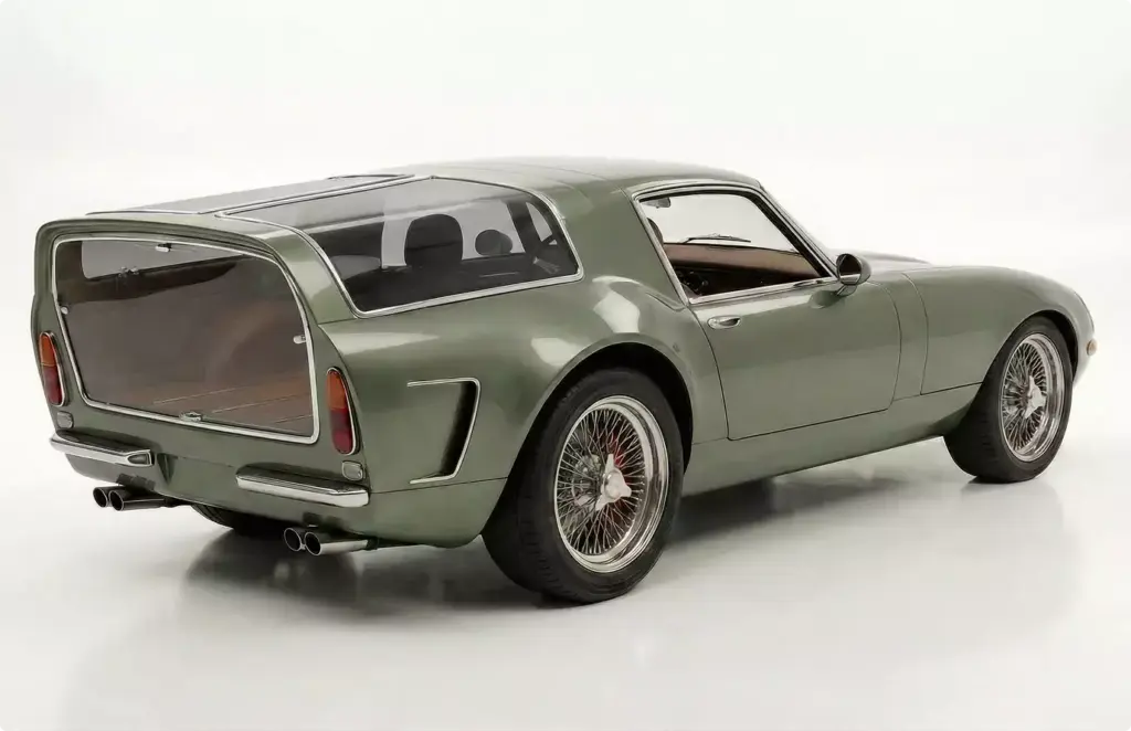 "Automotive Rendering services vintage shooting brake in studio, rear angle with large glass cargo area