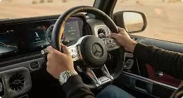 Automotive studio rendering service SUV cockpit with hands on steering wheel and digital screens