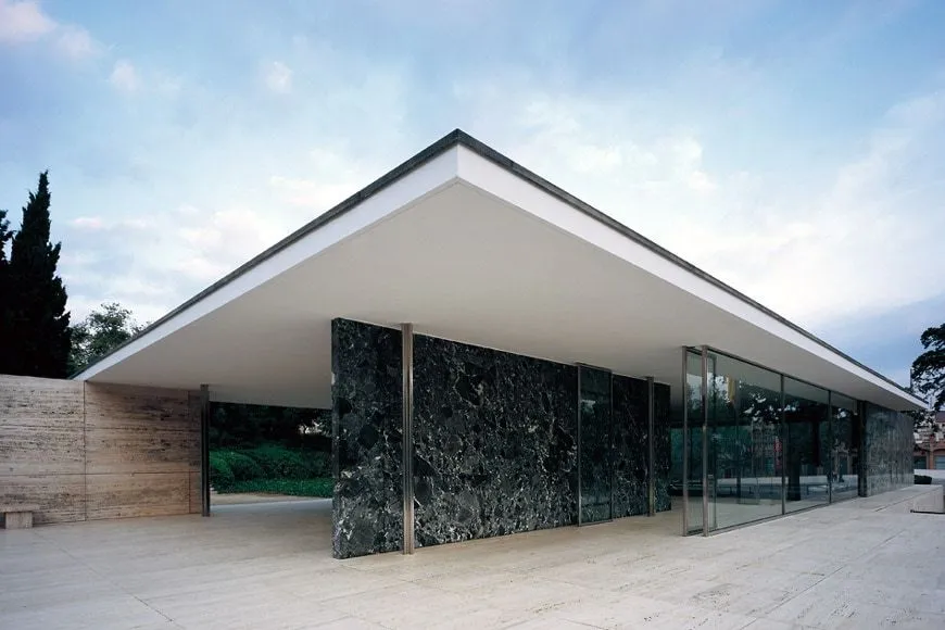 Barcelona Pavilion interior showing modern architectural elements including flat planes and marble surfaces